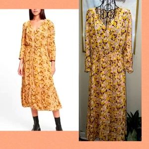 GAP "THREE QUARTER SLEEVE FLUTTER DRESS~ GOLD FLORAL PRINT~DRAWSTRING WAIST~MED.
